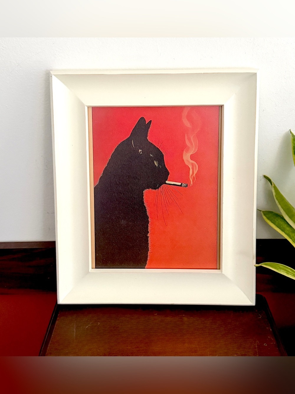 Black Cat Smoking a Cigarette Red Canvas Art Print White Framed Wall Art Goth
